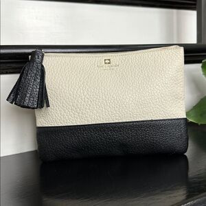 Kate Spade, genuine, leather color, black neutral clutch purse, like new tassel